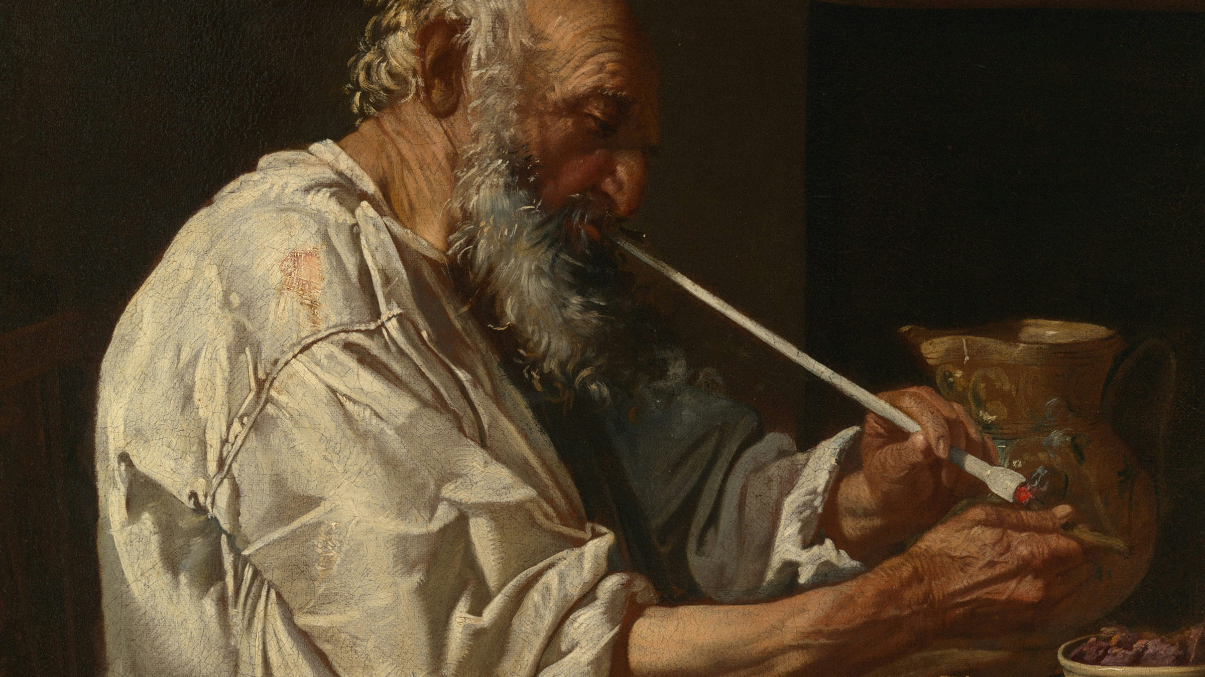 Old Peasant Lighting a Pipe
